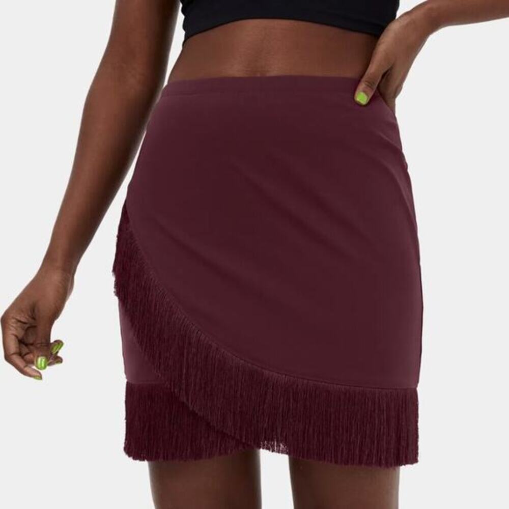 Halara Softlyzero Airy Crossover‎ Fringe Hem Bodycon 2-in-1 Mini Skirt Berry Red
